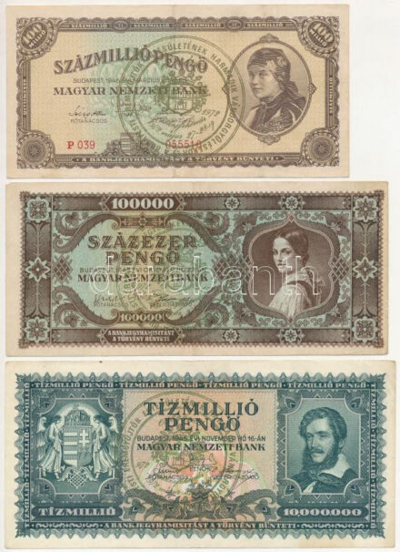 1945. 100.000P + 1945. 10.000.000P + 100.000.000P mind 'Budapesti Éremgyűjtők Egyesületének harmadik vándorgyűlésekor Székesfehérvár 1972' felülbélyegzéssel T:III Adamo FO32.2.4, FO32.2.8, FO32.2.10