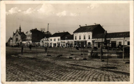 1940 Nagyszalonta, Salonta; Piac, vendéglő, Szántó áruház, Guttmann Miksa, Kovács János, Kovács Lajos, Minerva áruház üzlete, Városháza, Központi szálloda / market, restaurant, hotel, town hall, shops (fa)