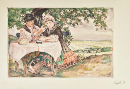 Csók István (1865-1961) - Prihoda István (1891-1956): Méz kostolgatók. Színezett rézkarc, papír, jelzett (Csók). 29,5x45 cm