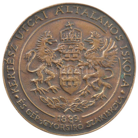 DN 'Kertész utcai Általános Iskola és Gép-, gyorsíró Szakiskola - 1889' egyoldalas bronz emlékplakett (100mm) T:2 patina