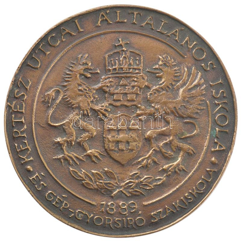 DN 'Kertész utcai Általános Iskola és Gép-, gyorsíró Szakiskola - 1889' egyoldalas bronz emlékplakett (100mm) T:2 patina
