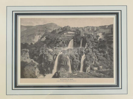 Tivoli vízesései, rotációs fametszet, papír, paszpartuban, 17,5x25 cm