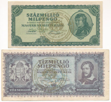 1946. 10.000MP + 1946. 100.000MP + 1946. 10.000.000MP + 1946. 100.000.000MP mind 'Budapesti Éremgyűjtők Egyesületének harmadik vándorgyűlésekor Székesfehérvár 1972' felülbélyegzéssel T:III Adamo FO32.2.15, FO32.2.16, FO32.2.19,