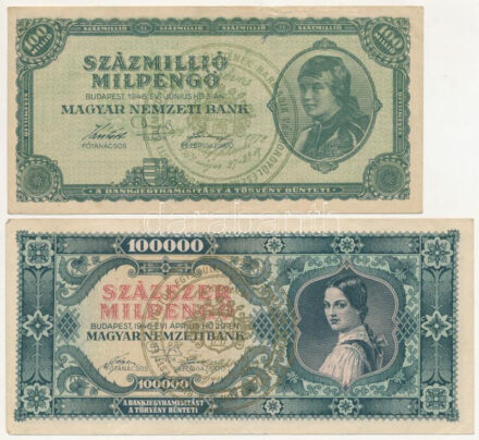 1946. 10.000MP + 1946. 100.000MP + 1946. 10.000.000MP + 1946. 100.000.000MP mind 'Budapesti Éremgyűjtők Egyesületének harmadik vándorgyűlésekor Székesfehérvár 1972' felülbélyegzéssel T:III Adamo FO32.2.15, FO32.2.16, FO32.2.19,