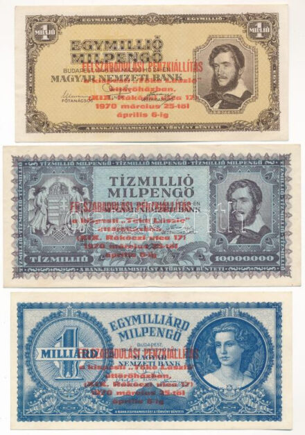 1946. 1.000.000MP + 1946. 10.000.000MP + 1946. 1.000.000.000MP mind 'Felszabadulási pénzkiállítás a kispesti Tőke László úttörőházban 1970 március 25-től április 6-ig' felülbélyegzéssel T:III Adamo FF4.1.5, FF4.1.6, FF4.1.7