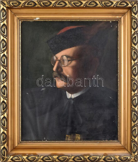 Olvashatatlan jelzéssel (jobbra lent), XX. sz. első fele: Előkelő férfi portréja. Olaj, vászon. Dekoratív, kissé sérült fakeretben.
