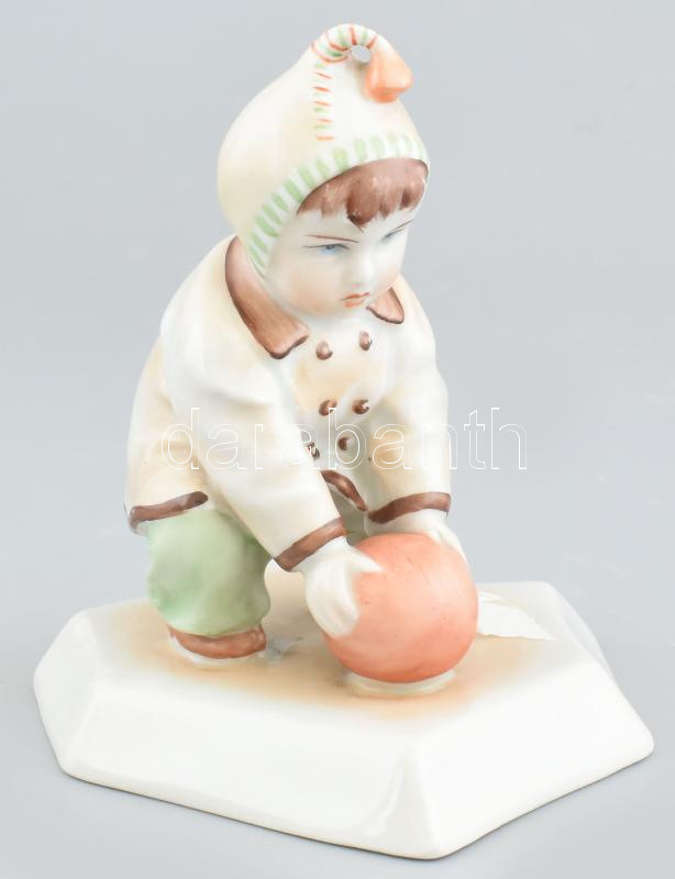 Zsolnay porcelán 'Labdás Öcsi', kézzel festett, jelzett,(tervező:Sinkó András), kopásnyomokkal, m: 13 cm