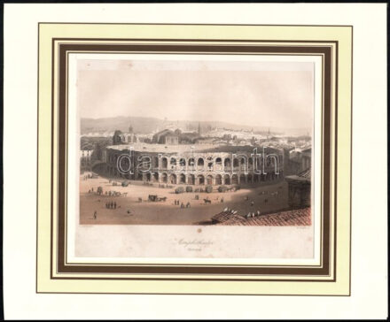 Lauterbach festménye után, William French (1815-1898) metszése: Verona, amfiteátrum. Színezett acélmetszet, papír, jelzett a metszeten. Paszpartuban. Kissé foltos. 14x21 cm.