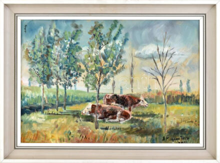 Abonyi Magyar Imre (1939-2010): Táj tehenekkel. Olaj, farost, jelzett. Fa keretben, 34x48 cm