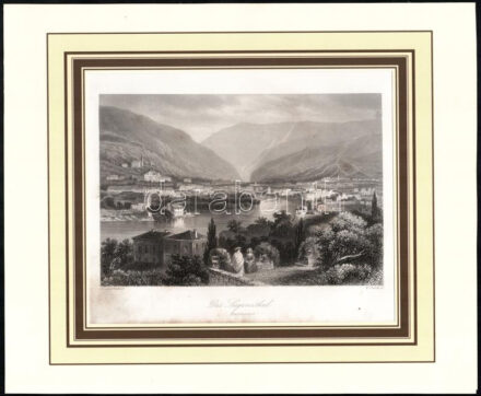 H Lauterbach festménye után, William French (1815-1898) metszése: Das Suganathal, Bassano. Acélmetszet, papír, jelzett a metszeten. Paszpartuban. Kissé foltos. 14x21 cm.