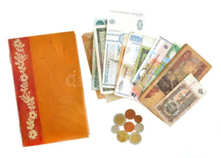 25 darabos vegyes külföldi érem és bankjegy tétel, közte egyiptomi, román és bolgár bankjegyek festett fadobozban. T:vegyes 25 pieces mixed coin and banknote lot, among egyptian, romanian and bulgarian banknotes in a painted wood box