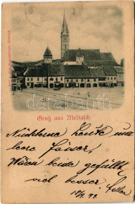 1899 (Vorläufer) Medgyes, Mediasch, Medias; Fő tér, Theil és Rotschild üzlete. Fritz Guggenberger kiadása / main square, shops (EK)