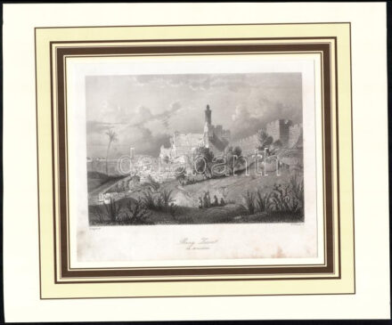 Alexius Geyer (1816-1883) festménye után, William French (1815-1898) metszése: Sion (Zion) vára, Jeruzsálem. Acélmetszet, papír, jelzett a metszeten. Paszpartuban. Kissé foltos. 14x20 cm.