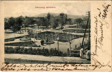 1907 Hátszeg, Hateg; Sétatér. Kapható Kendeff A. és fia kereskedésében / promenade, park