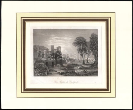 Joseph Mallord William Turner (1775-1851) után, Christian Steinicken (1831-1896) metszése: Caligula kastélya és fürdői. Acélmetszet, papír, jelzett a metszeten. Paszpartuban. Kissé foltos, lapszéli törésnyommal. 12,5x17 cm.