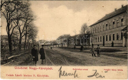 1903 Nagykároly, Carei; Széchenyi utca, Polgári leány iskola. Csókás László kiadása / street, girl school (EK)