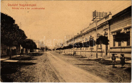 1912 Nagykároly, Carei; Kölcsey utca, Kir.. postahivatal. W.L. 1887. / street, post office