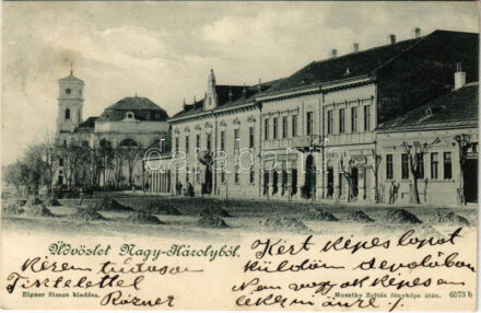 1899 (Vorläufer) Nagykároly, Carei; utca, Somossy Miklós, Kőhalmy Gyula üzlete, Kereskedelmi és Iparbank. Huszthy Zoltán fényképe után, Eigner Simon kiadása
