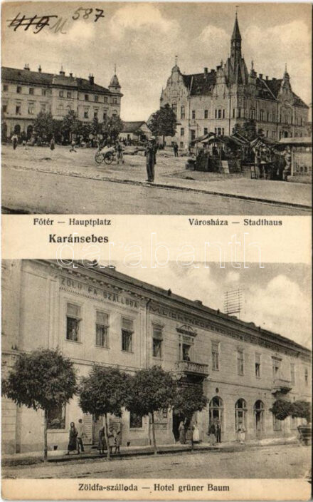 Karánsebes, Caransebes; Fő tér, Városháza, piac, M. Lichtneckert Zöldfa szállodája. Perlfaster H. és fia kiadása / main square, town hall, market, hotel