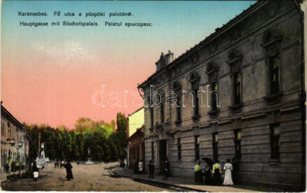 Karánsebes, Caransebes; Fő utca, püspöki palota / main street, bishop's palace