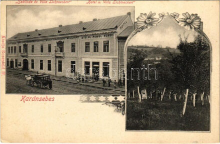 1909 Karánsebes, Caransebes; M. Lichtneckert szálloda a Zöld fához, gyümölcsös. H. Rosenfeld kiadása / Otelul pomul verde / hotel, orchard. Art Nouveau, floral (EK)