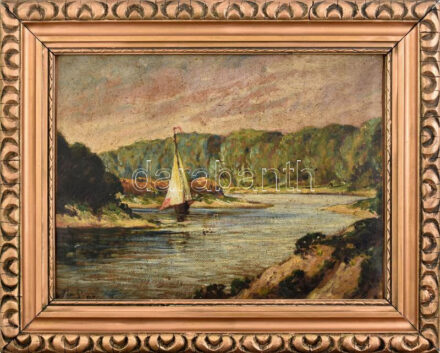 Olvashatatlan jelzéssel: Vitorlás. Olaj, karton. Dekoratív fakeretben, 27x26,5 cm