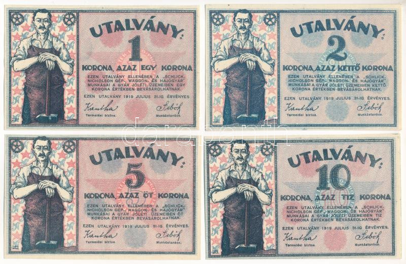 Budapest 1919. 1K + 2K + 5K + 10K 'Schlick Nicholson Gép-Waggon- és Hajógyár' utalvány T:I,I- Adamo BUC-244.1, BUC-244.2, BUC-244.3, BUC-244.4