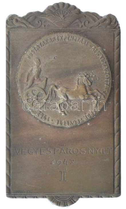 1947. 'Postatakarékpénztári Alkalmazottak Sportegylete 1903.' egyoldalas fém díjplakett, 'vegyes páros nyilt 1947 II' gravírozással, 'LUDVIG BP' gyártói jelzéssel. Szign.:Szalmássy (87x48mm) T:2,2- patina