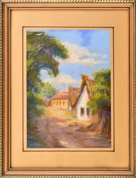 Bertalan Rózsa (1900-1987): Bakonybél. Pasztell, papír, jelzés nélkül, jobbra lent autográf címadással, 28x20 cm. Dekoratív, üvegezett fakeretben.