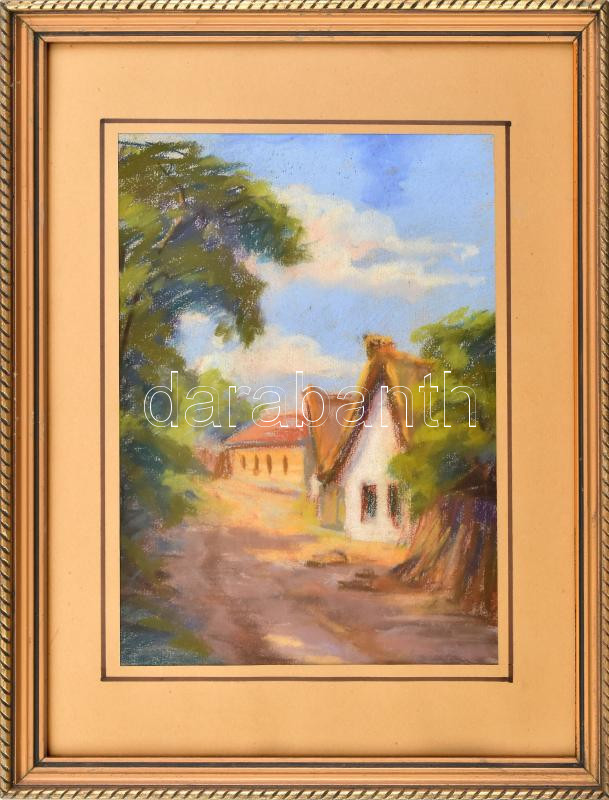 Bertalan Rózsa (1900-1987): Bakonybél. Pasztell, papír, jelzés nélkül, jobbra lent autográf címadással, 28x20 cm. Dekoratív, üvegezett fakeretben.
