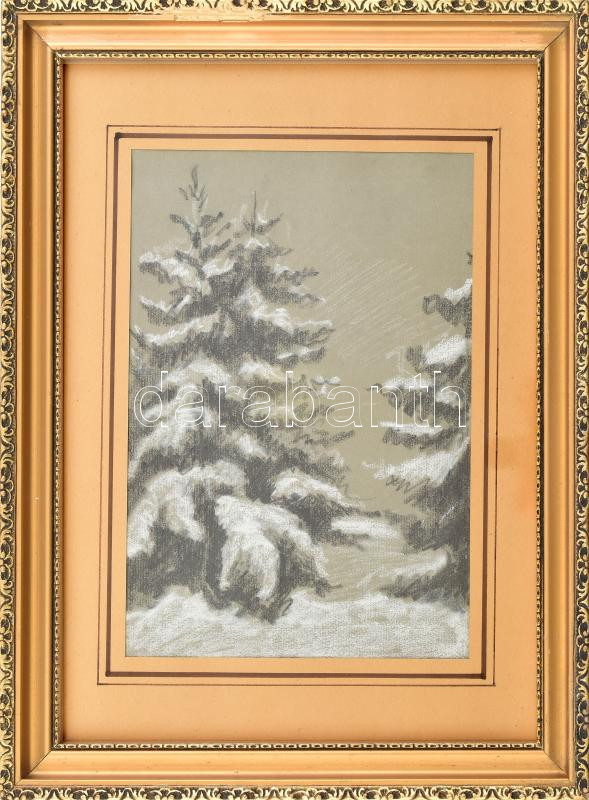 Bertalan Rózsa (1900-1987): Téli fenyves. Pasztell, papír, jelzés nélkül. 26,5x18,5 cm. Dekoratív, üvegezett, kissé sérült fakeretben.