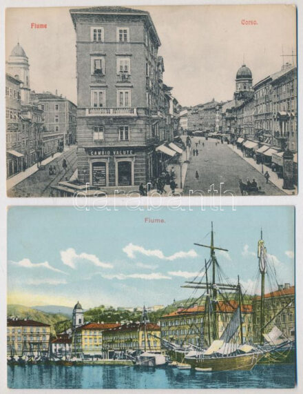 Fiume, Rijeka; 2 db régi képeslap (korzó, valutaváltó) / 2 pre-1945 postcards