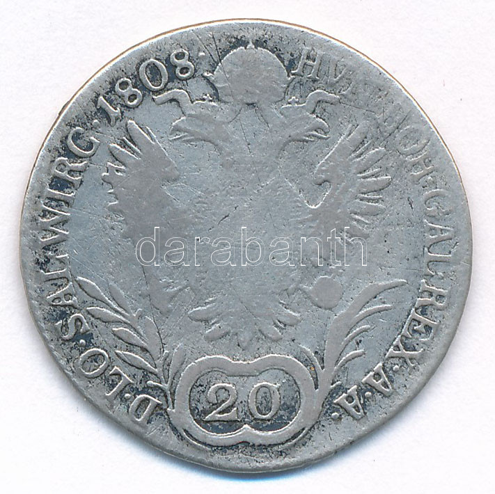 1808B 20kr Ag 'I. Ferenc' T:3 patina, karc Hungary 1808B 20 Kreuzer Ag 'Francis I' C:F patina, scratch Huszár: 1970., Unger III.: 1377.a - Image 2