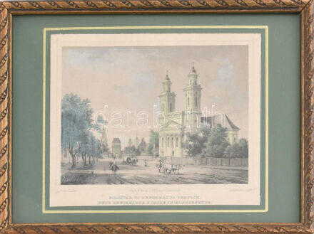 1859 Kolozsvár, új református templom - Neue reformirte Kirche in Klausenburg. Színezett acélmetszet, papír, Ludwig Rohbock (1820-1883) rajza alapján metszette A. Rottmann, jelzett a metszeten, üvegezett fakeretben, 12×16 cm