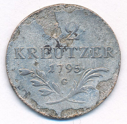 1795G 12kr Ag 'I. Ferenc' (4,37g) T:2-,3 lapkahiba, patina Hungary 1795G 12 Kreuzer Ag 'Francis I' (4,37g) C:VF,F planchet error, patina Huszár: 2011., Unger III.: 1394.c