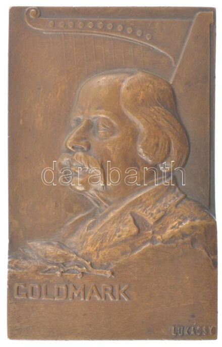 Lukácsy Lajos (1876-1927) DN 'Goldmark (Károly)' egyoldalas bronz plakett, peremén 'SMB' gyártói jelzéssel (90x57mm) T:1-,2 patina