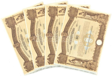 Budapest 1906. 'Pesti Hazai Első Takarékpénztár-Egyesület' 100K-ról szóló nyereménykötvénye, szárazpecséttel, benne nyeremény-szelvény, sorsolási terv (4x) sorszámkövetők T:I-