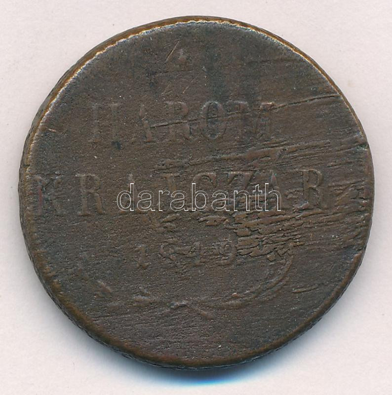 1849NB 3kr Cu hátlapján a magyar címer elhalványítva - érvénytelenítve (?) T:3 patina Adamo B2