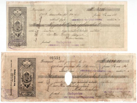 1916-1917. 2db-os váltó-tétel, nagyrészt kitöltve, 'Schlick-Nicholson gép-, waggon- és hajógyár részvénytársaság' bélyegzésekkel, egyik lyukasztással érvénytelenítve T:III,III-