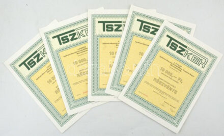 Balatonalmádi 1990. 'A TSZKER Agrárszövetkezetek Kereskedőháza Veszprém Megyei Részvénytársaság' bemutatóra szóló részvénye 10.000Ft-ról (5x) sorszámkövetők '002424-002428', szelvényekkel T:I- kis sarokhajlások