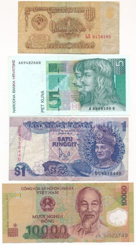 8db-os vegyes, nagyrészt külföldi bankjegy tétel, közte Horvátország, Szovjetunió, Malajzia, Marokkó, Vietnám, Csehszlovákia és Magyarország bankjegyei T:III,III- az egyik ragasztva 8pcs of mixed, mostly foreign banknote lot, in it