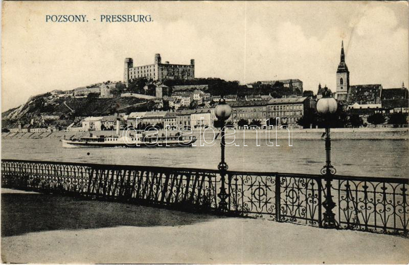 1910 Pozsony, Pressburg, Bratislava; vár, 'HEBE' gőzhajó / castle, steamship