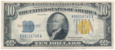 Amerikai Egyesült Államok 1934A 10$ 'A99558745A' 'Silver Certificate - kisméretű sárga pecsét, Észak-Afrikai katonai kiadás' 'William Alexander Julian - Henry Morgenthau Jr.' T:III szép papír USA 1934A 10 Dollars 'A99558745A' 'Silver