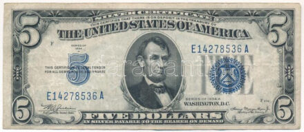 Amerikai Egyesült Államok 1934-1945. (1934A) 5$ 'E14278536A' 'Silver Certificate - kisméretű' kék pecsét 'William Alexander Julian, John Wesley Snyder' T:III USA 1934-1945. (1934A) 5 Dollars 'E14278536A' 'Silver Certificate - Small size'
