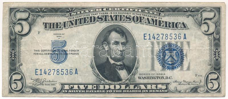Amerikai Egyesült Államok 1934-1945. (1934A) 5$ 'E14278536A' 'Silver Certificate - kisméretű' kék pecsét 'William Alexander Julian, John Wesley Snyder' T:III USA 1934-1945. (1934A) 5 Dollars 'E14278536A' 'Silver Certificate - Small size'