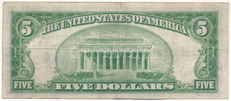 Amerikai Egyesült Államok 1934-1945. (1934A) 5$ 'E14278536A' 'Silver Certificate - kisméretű' kék pecsét 'William Alexander Julian, John Wesley Snyder' T:III USA 1934-1945. (1934A) 5 Dollars 'E14278536A' 'Silver Certificate - Small size' - Image 2