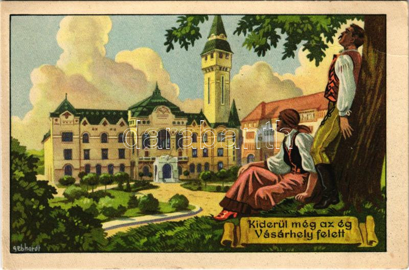 Marosvásárhely, Targu Mures; városháza. Székely Egyetemi és Főiskolai Hallgatók Egyesülete / town hall. Irredenta s: Gebhardt (képeslapfüzetből / from postcard booklet) (fa)