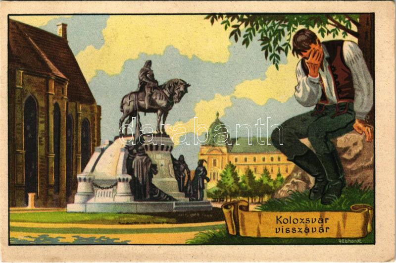 Kolozsvár, Cluj; 'Kolozsvár visszavár', Mátyás szobor. Kiadja a Székely Egyetemi és Főiskolai Hallgatók Egyesülete / Hungarian irredenta art postcard, Matthias Corvinus, Mathias Rex statue s: Gebhardt - (képeslapfüzetből / from