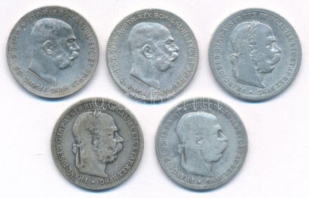 Ausztria 1893-1913. 1K Ag 'Ferenc József' (5x) T:1-,2,3 patina Austria 1893-1913. 1 Corona Ag 'Franz Joseph' (5x) C:AU,XF,F patina Krause KM#2804, KM#2820