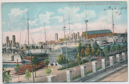 1906 Pola, K.u.k. Kriegsmarine Schiffe in Reserve / Navi in Riserva / Osztrák-Magyar Haditengerészet csatahajói Polában a tartalék kikötőben / Austro-Hungarian Navy battleships in the reserve dock near the Pula shipyard (EK)